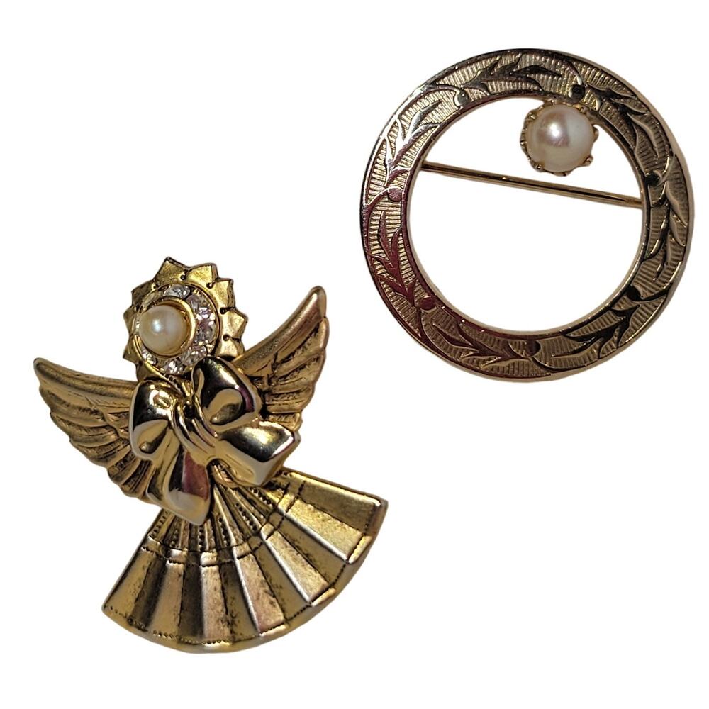 Gold Tone Angel and Round Brooch Pin Set with Faux Pearls - Gift Box Included